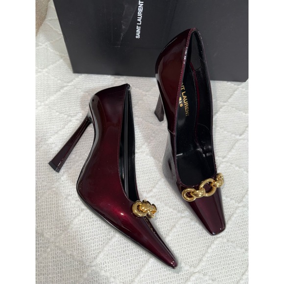 Luxury Saint Laurent Burgundy Patent Pumps - Gold Chain Accent Size 6.5 - Picture 7 of 12
